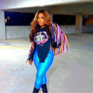 Studded Rainbow Fringe Faux Leather Moto Jacket